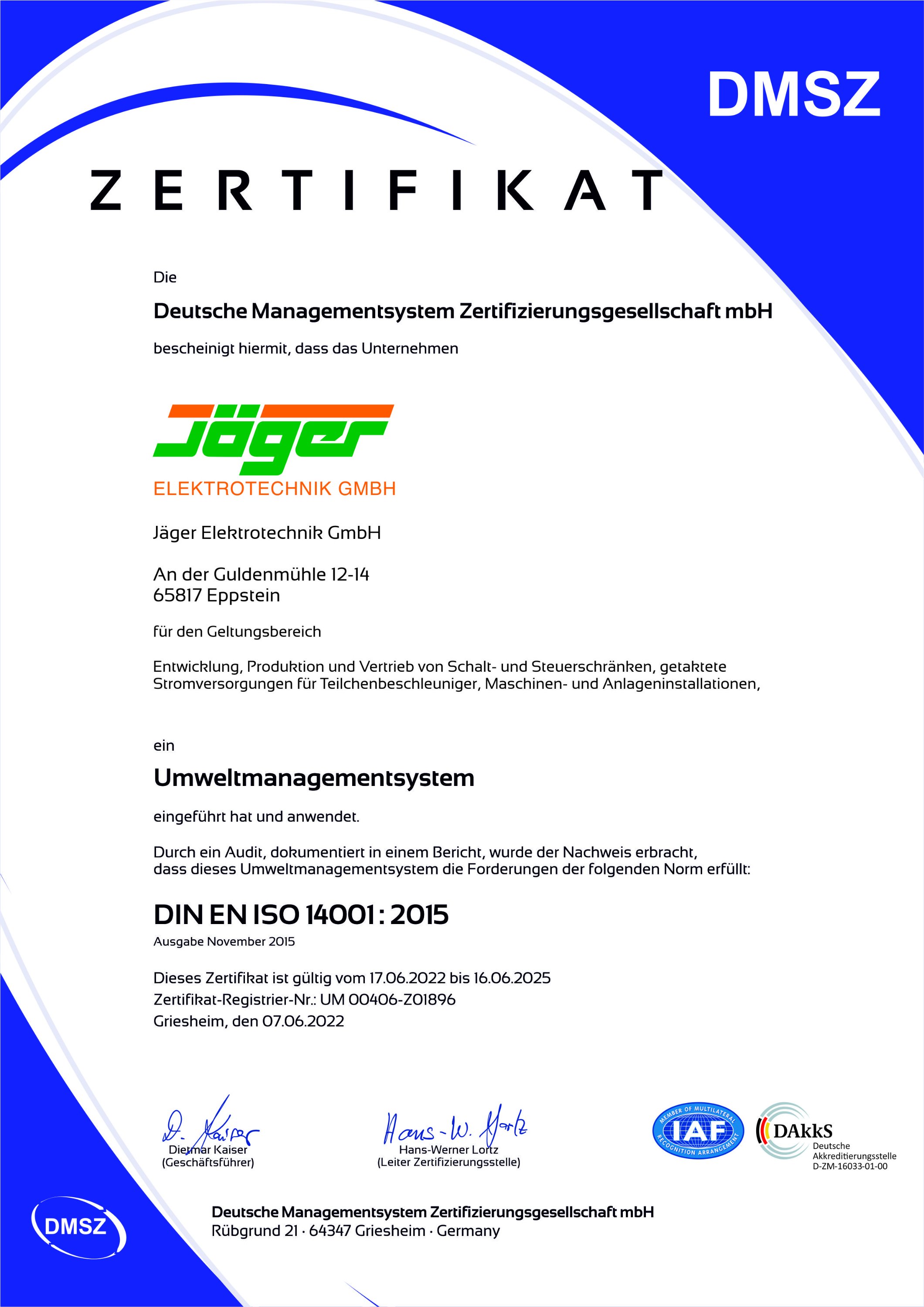 Zertifikat DIN EN ISO 14001:2015